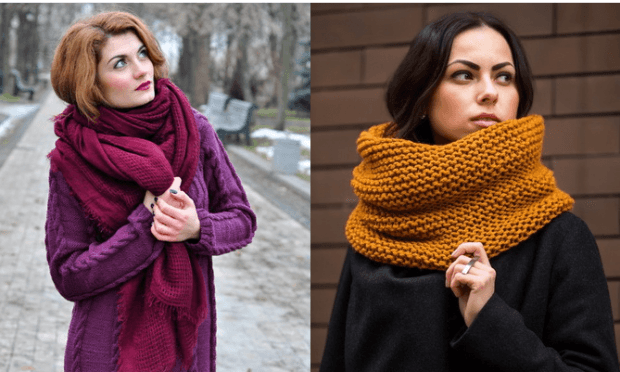 модные шарфы 2019 2020: малиновый объемный хомут желтый крупная вязка