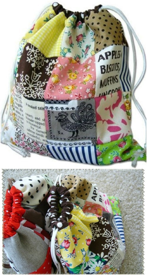 Hand Sewn Drawstring Patchwork Bag