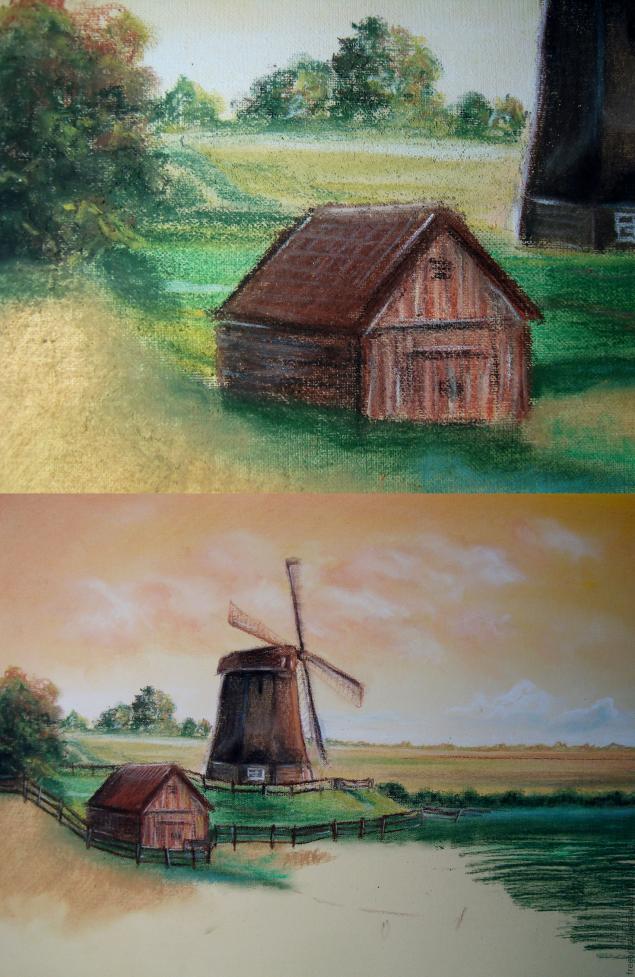 Рисуем пейзаж с мельницей в технике сухая пастель, фото № 7