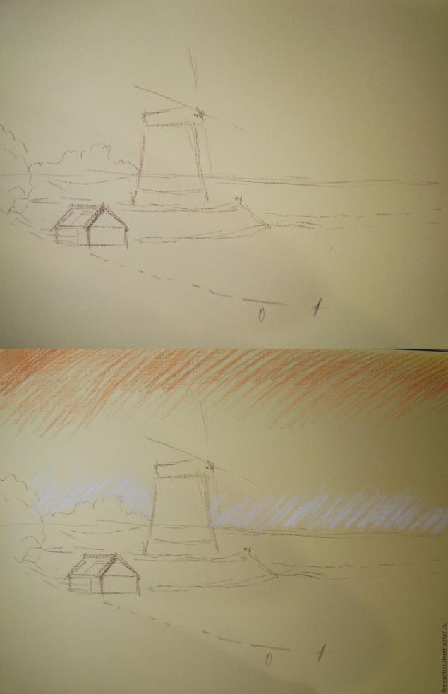 Рисуем пейзаж с мельницей в технике сухая пастель, фото № 1
