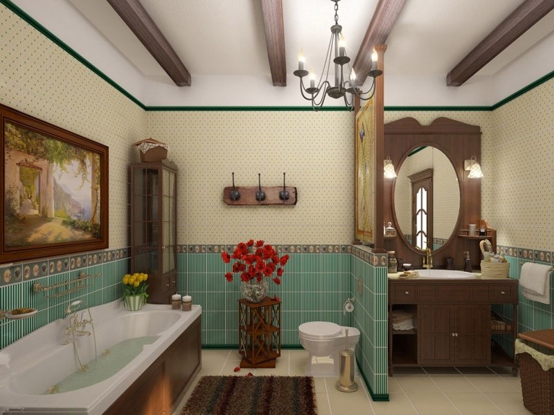 Декор ванной комнаты в стиле кантри для большой комнаты