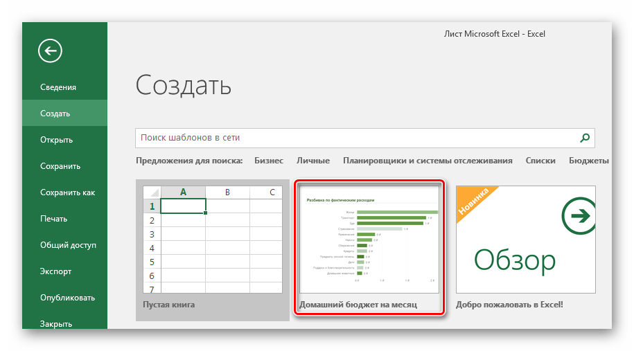 Выбранный готовый шаблон в Ексель