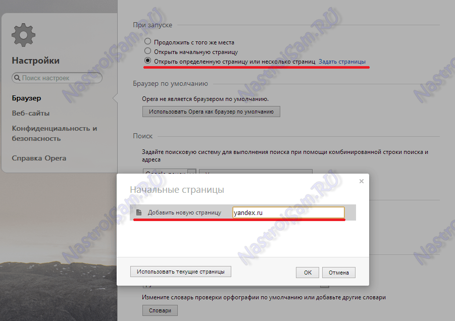 домашняя страница в opera