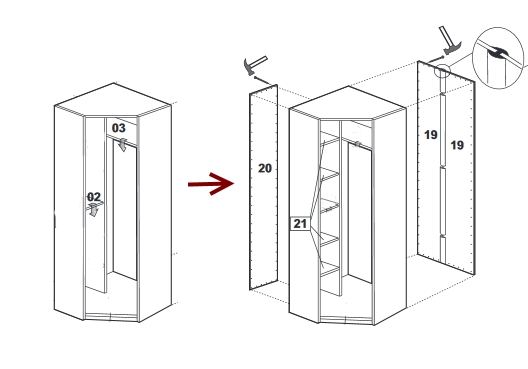 Вкладываем полки  02 и 03 на маленькие штоки. Набиваем заднюю стенку 20 и 19. Добавляем полки 21