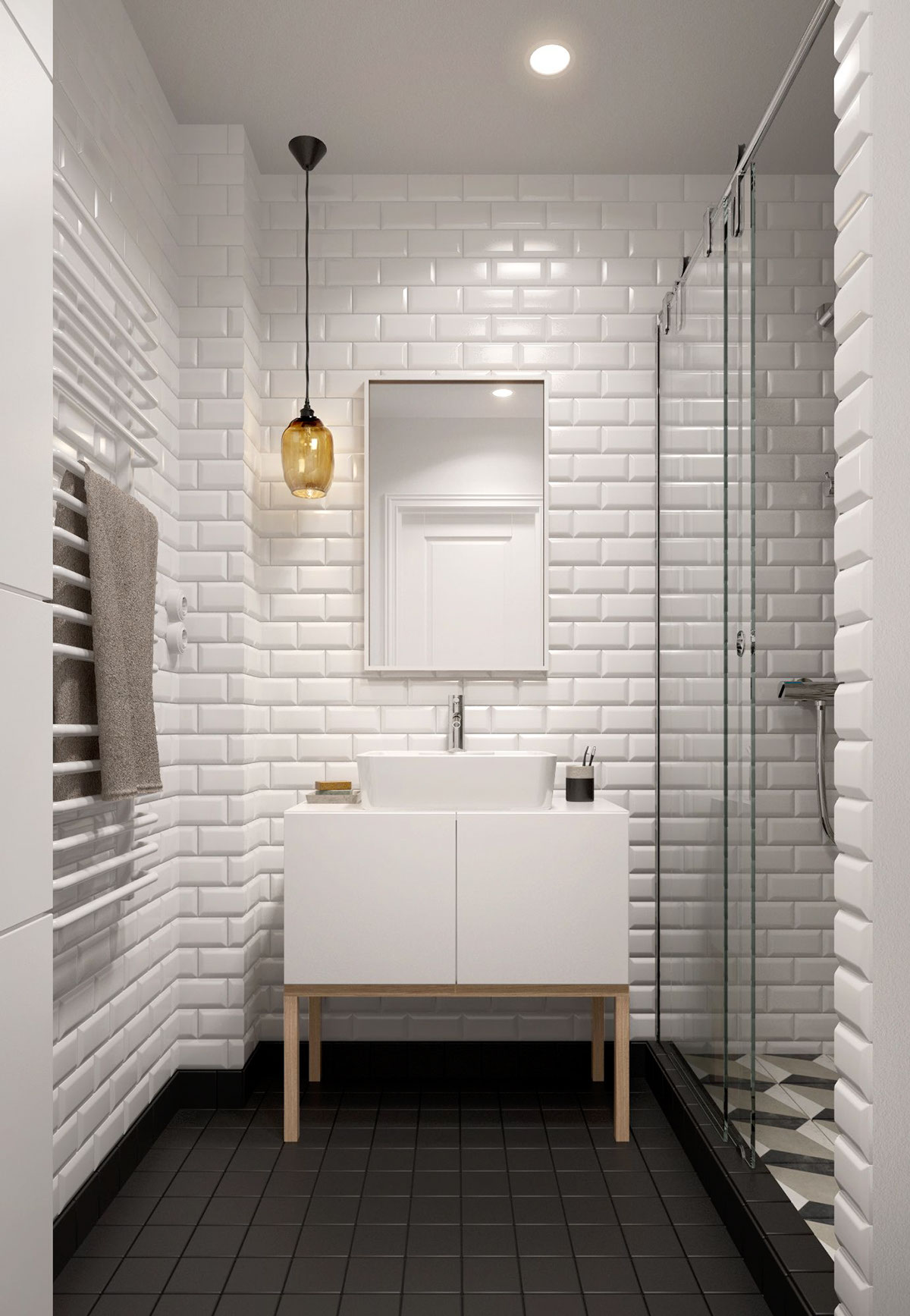 Белая плитка под кирпич в интерьере черно-белой ванной 5 кв м