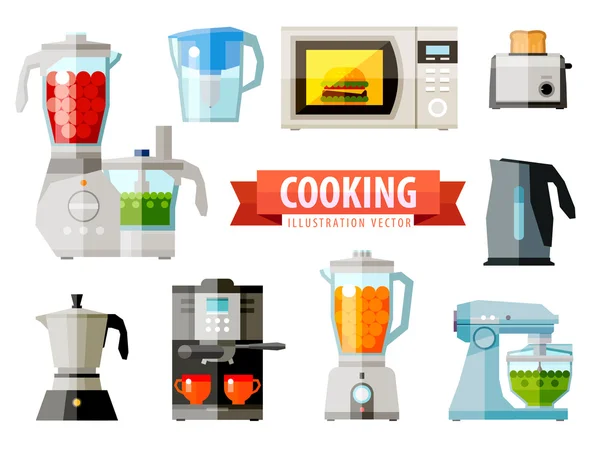 Cooking icons. set of elements - food processor, microwave, electric kettle, toaster oven, mixer, kitchen, coffee machine, espresso machine, coffeemaker, blender, jug, water Stock Vector