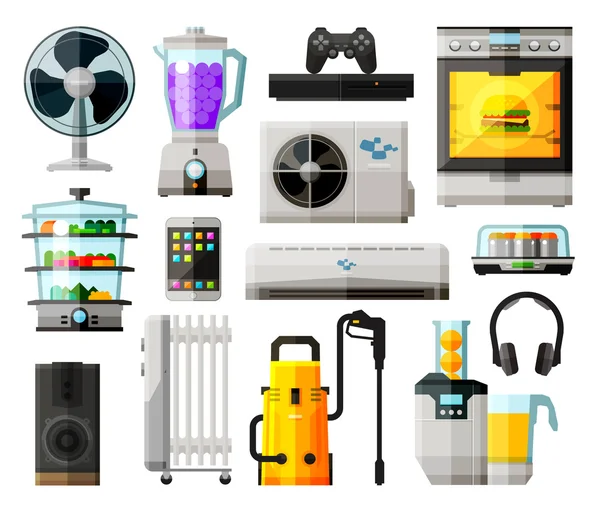 Home appliances icons set. collection of elements - fan, blower, mixer, blender, game console, kitchen stove, conditioning, headphones, juice extractor, speaker, radiator, washing machine, tablet, tel Royalty Free Stock Vectors