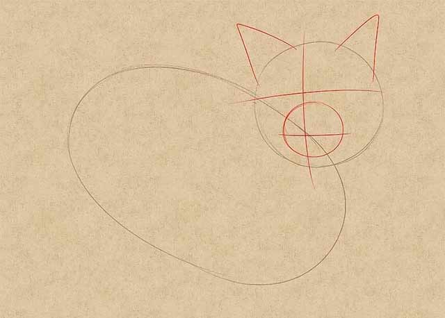 Как нарисовать лежачую кошку - Нарисуйте вспомогательные линии для мордочки кошки.