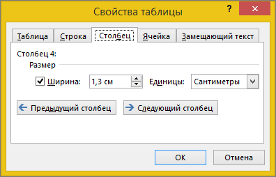 Вкладка "столбец" в диалоговом окне "Свойства таблицы"